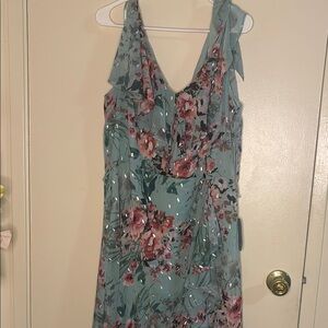 Eliza J Asymmetrical Sheath Dress Green and Pink V-Neck